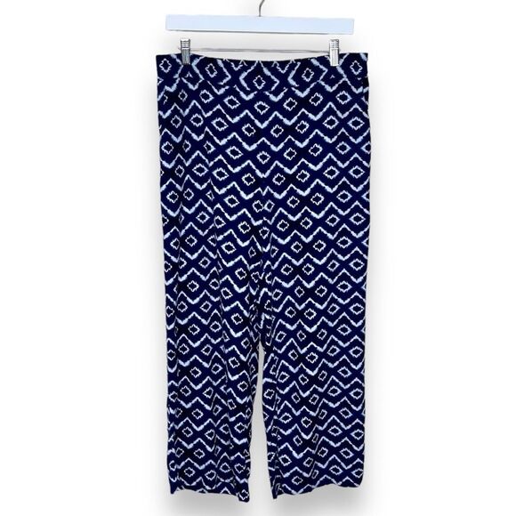 Loft Linen Viscose Navy White Ikat Cropped Pull On Pant Women Medium Pockets - Picture 1 of 12